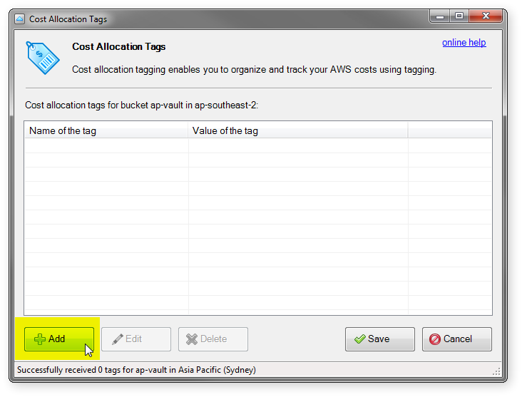 cost allocation tags dialog