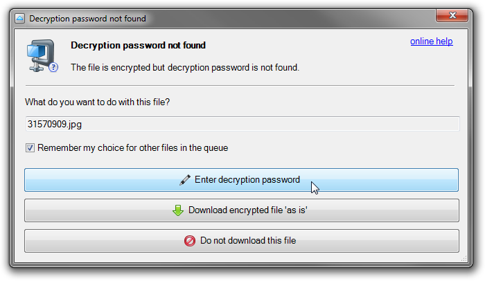 Decryption Password not found dialog
